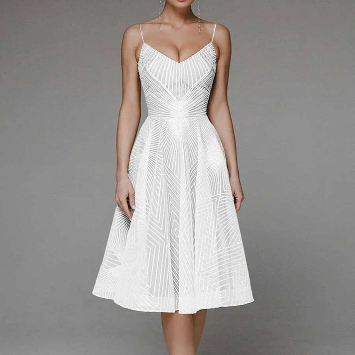 Women’s Midi Dress – A-Line Fit – Sheer Geometric Pattern – V-Neck – Spaghetti Straps