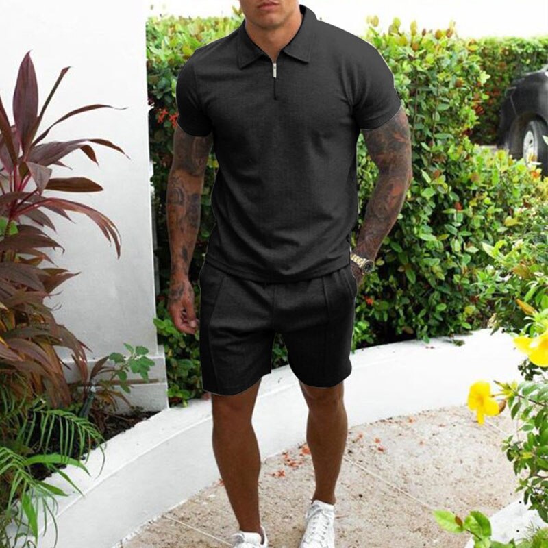 Men’s Polo Shirt and Shorts Set – Regular Fit – Zip Collar – Breathable Blend – Casual