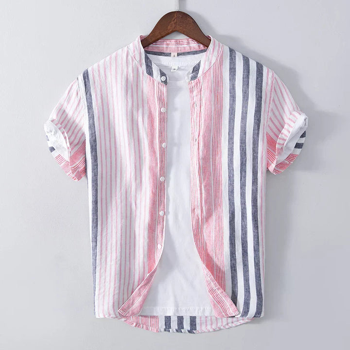 Men’s Short Sleeve Shirt – Relaxed Fit – Breathable Blend – Band Collar – Striped Pattern