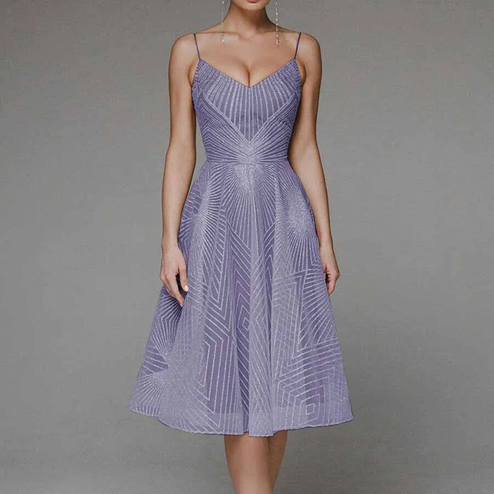 Women’s Midi Dress – A-Line Fit – Sheer Geometric Pattern – V-Neck – Spaghetti Straps