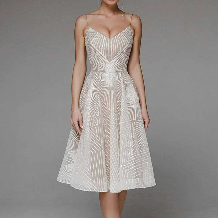 Women’s Midi Dress – A-Line Fit – Sheer Geometric Pattern – V-Neck – Spaghetti Straps
