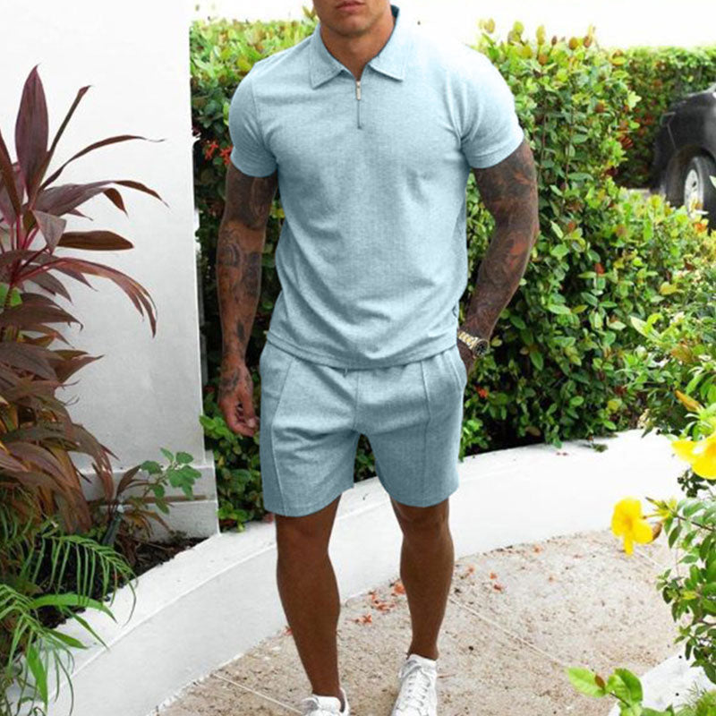 Men’s Polo Shirt and Shorts Set – Regular Fit – Zip Collar – Breathable Blend – Casual