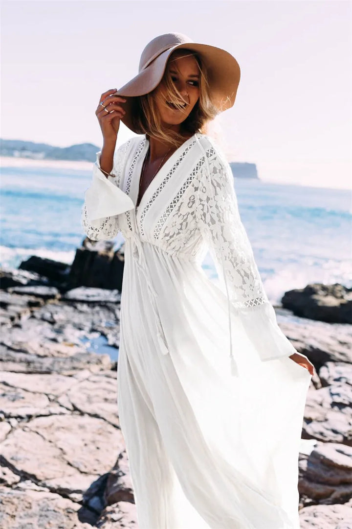 Women's Maxi Dress - Lace Detail - Deep V-Neck - Adjustable Waist - Flowy Lightweight Fabric