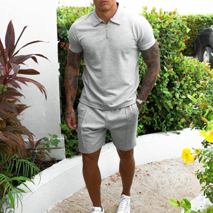 Men’s Polo Shirt and Shorts Set – Regular Fit – Zip Collar – Breathable Blend – Casual