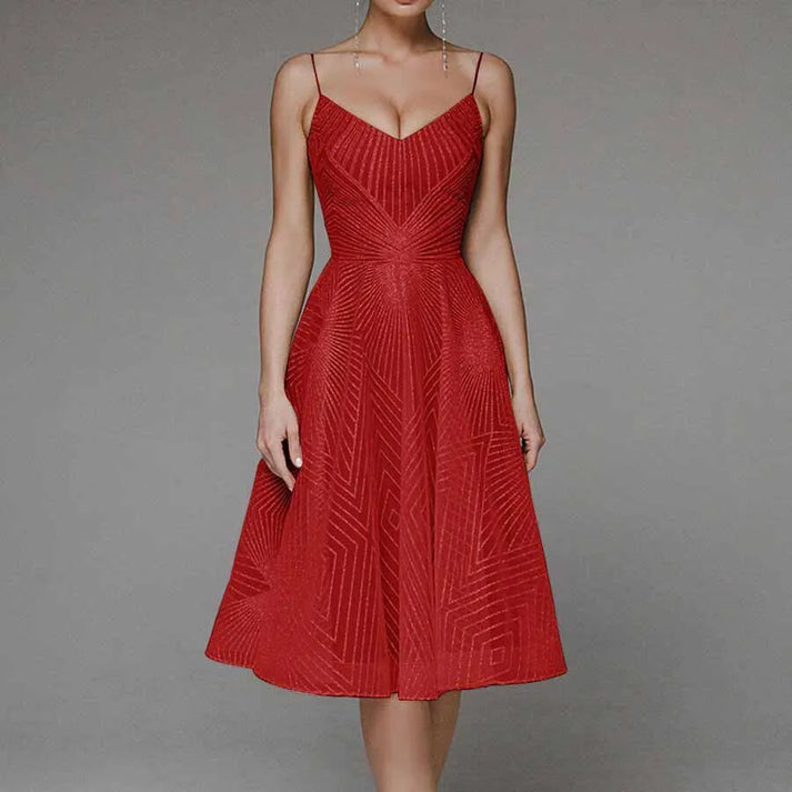 Women’s Midi Dress – A-Line Fit – Sheer Geometric Pattern – V-Neck – Spaghetti Straps