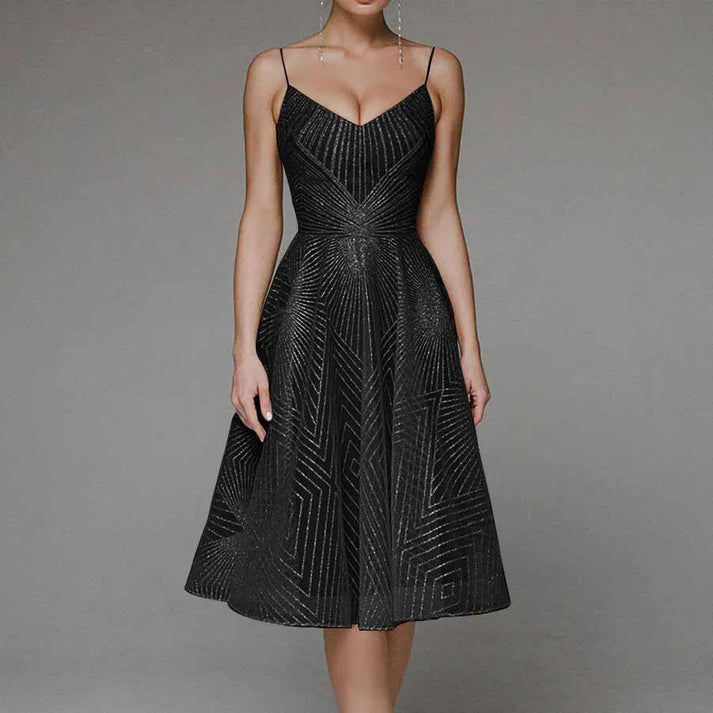 Women’s Midi Dress – A-Line Fit – Sheer Geometric Pattern – V-Neck – Spaghetti Straps
