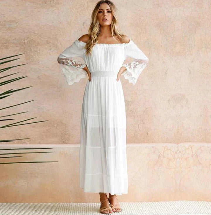 Women's Maxi Dress - Off-the-Shoulder - Lace Sleeves - Flowing A-Line Silhouette