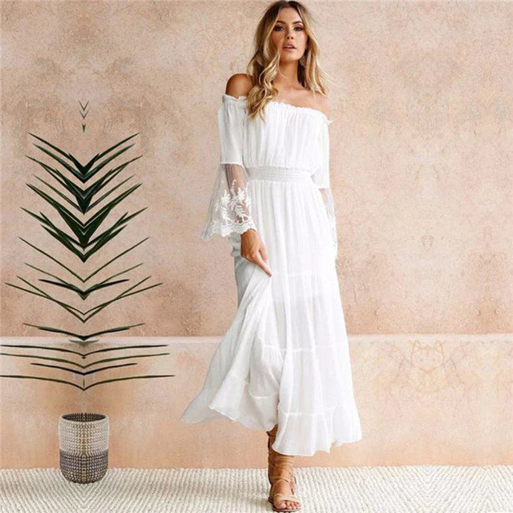 Women's Maxi Dress - Off-the-Shoulder - Lace Sleeves - Flowing A-Line Silhouette