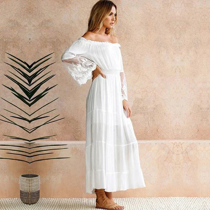 Women's Maxi Dress - Off-the-Shoulder - Lace Sleeves - Flowing A-Line Silhouette