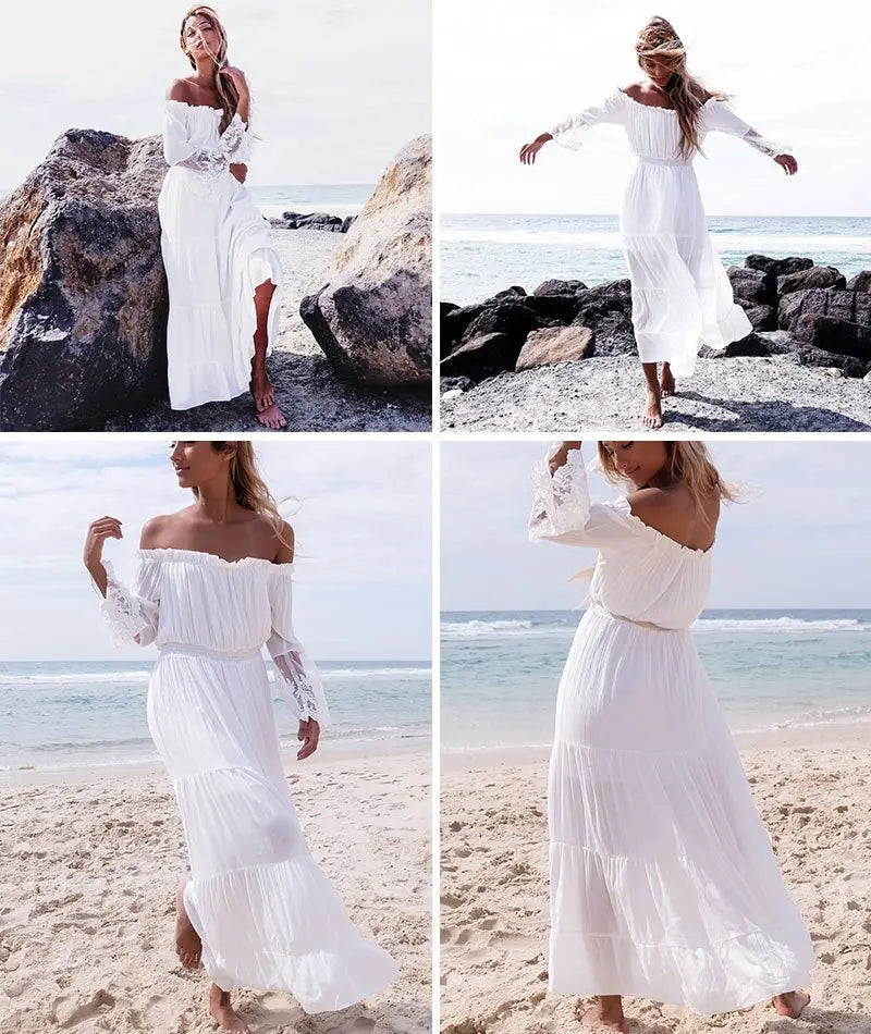 Women's Maxi Dress - Off-the-Shoulder - Lace Sleeves - Flowing A-Line Silhouette