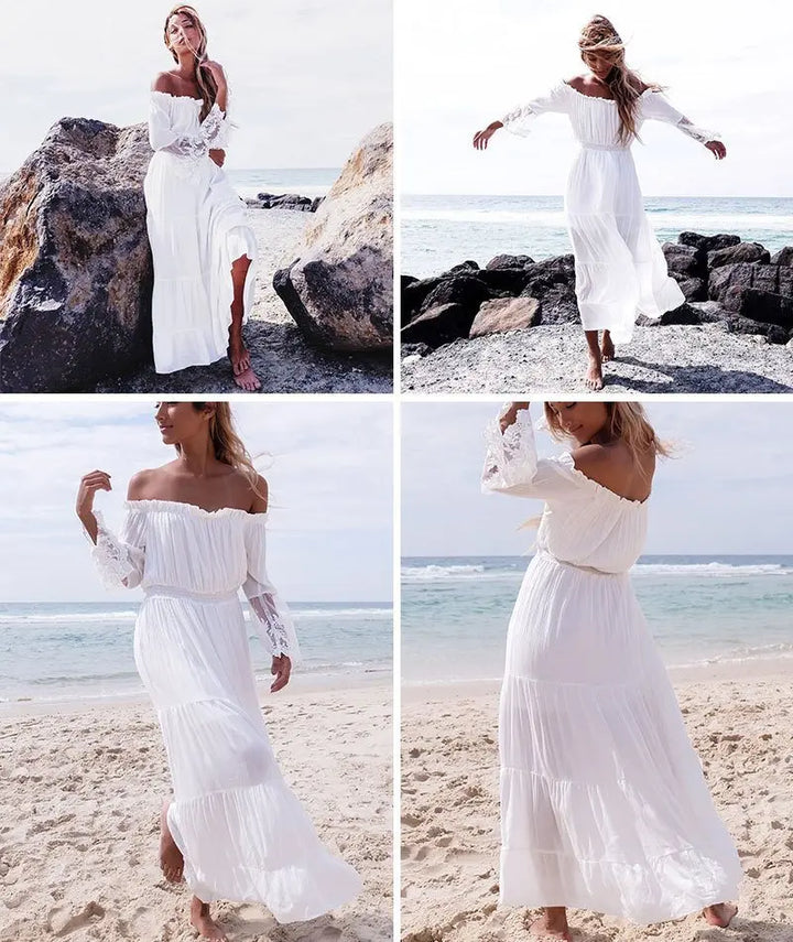 Women's Maxi Dress - Off-the-Shoulder - Lace Sleeves - Flowing A-Line Silhouette