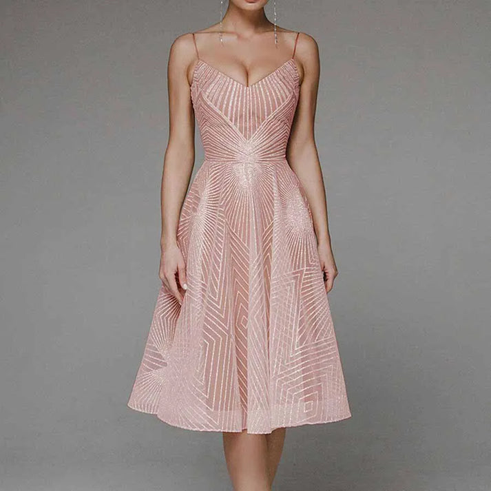Women’s Midi Dress – A-Line Fit – Sheer Geometric Pattern – V-Neck – Spaghetti Straps