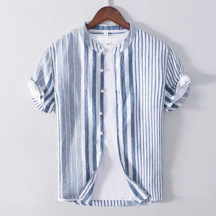 Men’s Short Sleeve Shirt – Relaxed Fit – Breathable Blend – Band Collar – Striped Pattern