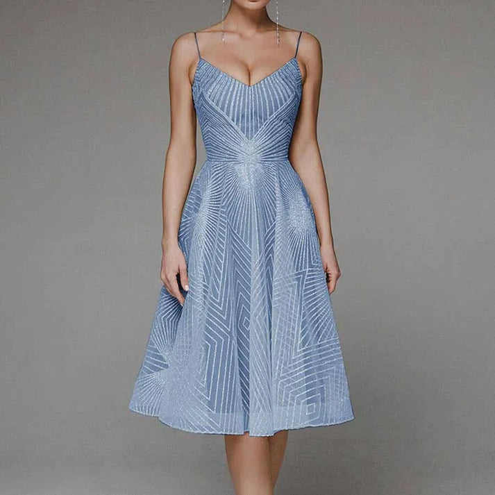 Women’s Midi Dress – A-Line Fit – Sheer Geometric Pattern – V-Neck – Spaghetti Straps
