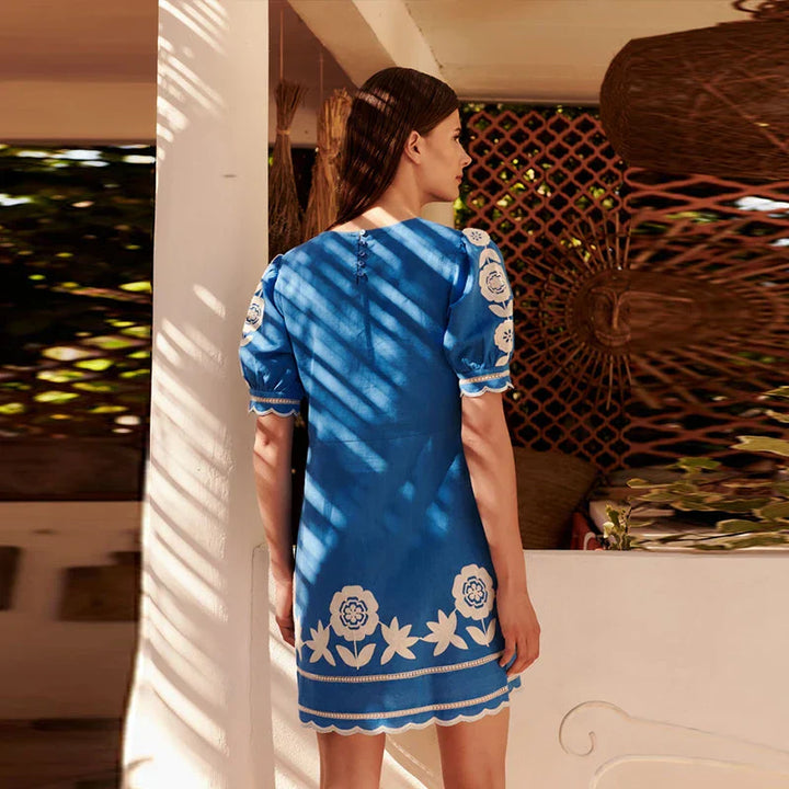 Women's Short Dress - Floral Embroidery - Puff Sleeve - Lightweight Casual Wear