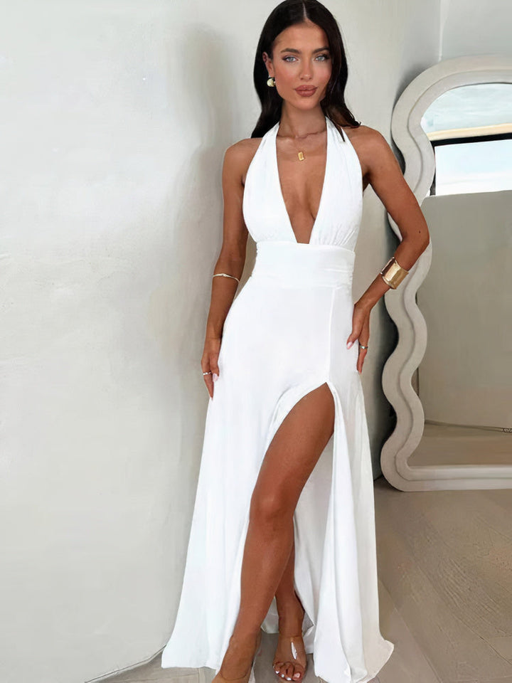 Women's Halter Neck Maxi Dress - Fitted Waist - Thigh-High Slit - Elegant Evening Wear