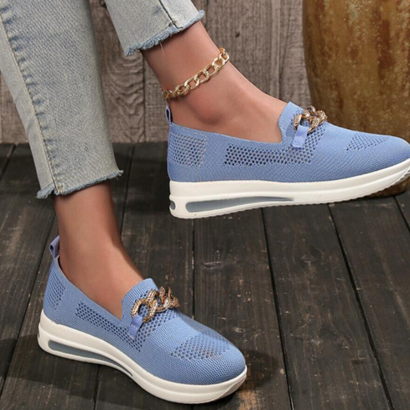 Women’s Loafers – Soft Knit – Slip-On Comfort – Decorative Chain – Casual Style