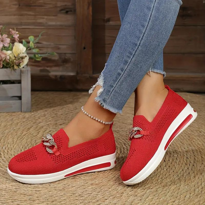 Women’s Loafers – Soft Knit – Slip-On Comfort – Decorative Chain – Casual Style