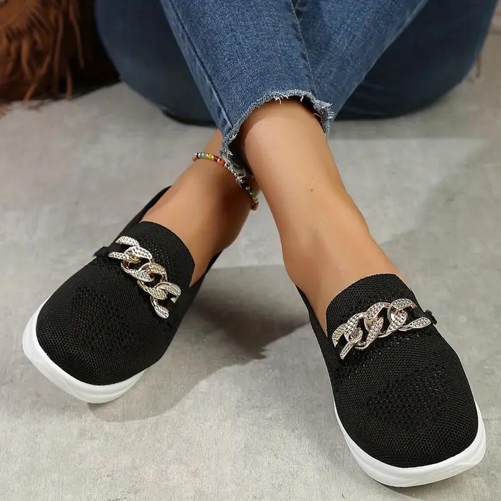 Women’s Loafers – Soft Knit – Slip-On Comfort – Decorative Chain – Casual Style