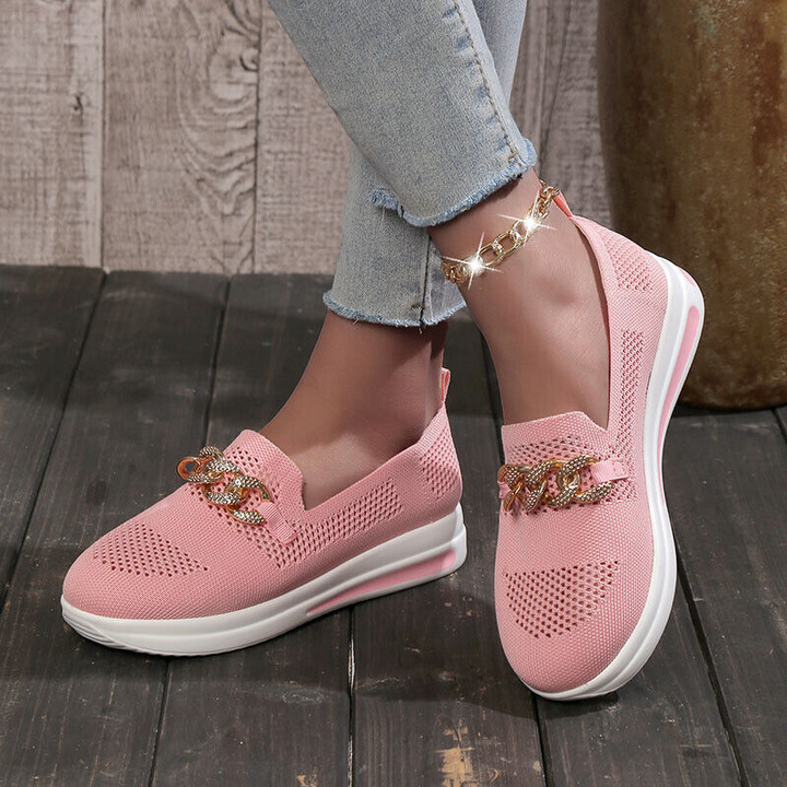 Women’s Loafers – Soft Knit – Slip-On Comfort – Decorative Chain – Casual Style