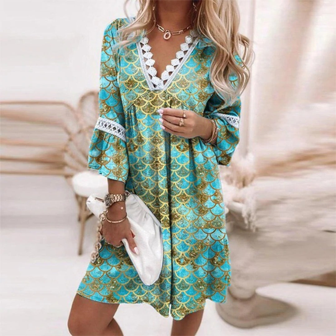 Women’s Midi Dress – Relaxed Fit – V-Neck with Lace Trim – Natural Fibers – Boho Style