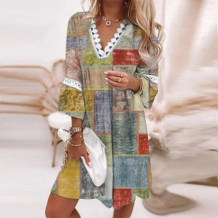 Women’s Midi Dress – Relaxed Fit – V-Neck with Lace Trim – Natural Fibers – Boho Style