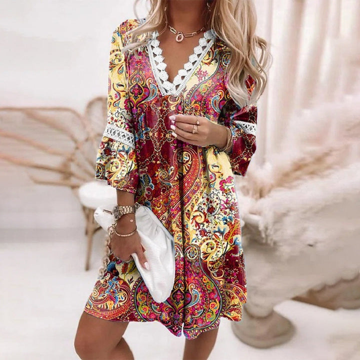 Women’s Midi Dress – Relaxed Fit – V-Neck with Lace Trim – Natural Fibers – Boho Style