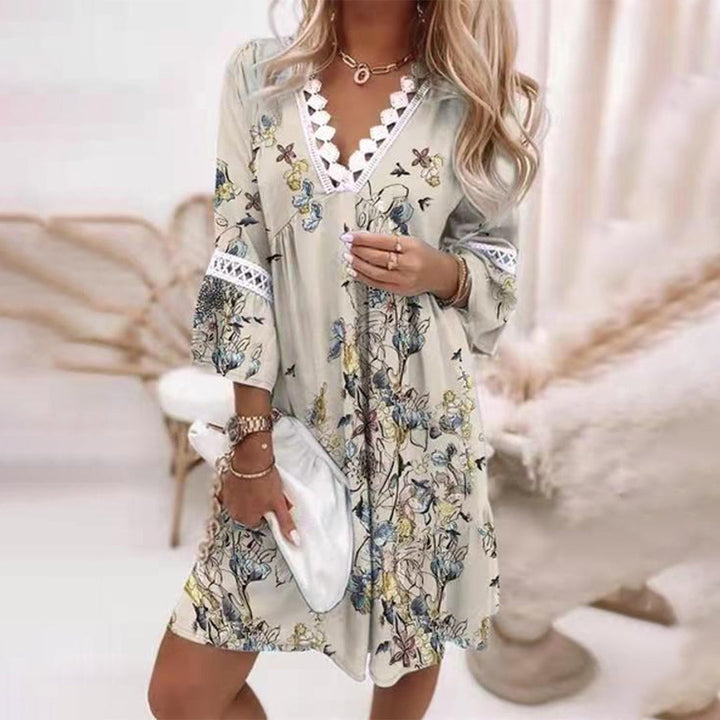 Women’s Midi Dress – Relaxed Fit – V-Neck with Lace Trim – Natural Fibers – Boho Style