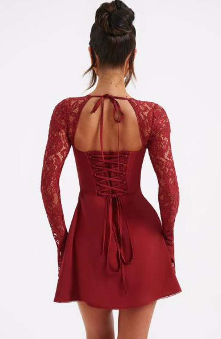 Women's Mini Dress - Underwired Cups - Sheer Lace Long Sleeves - A-Line Silhouette