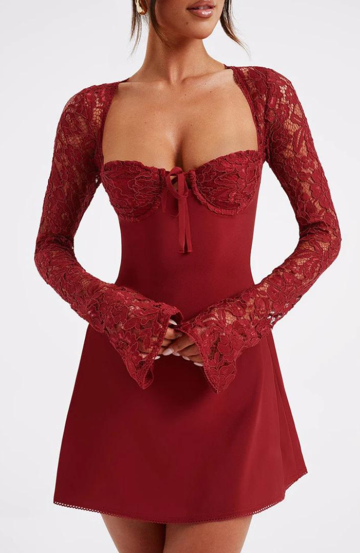 Women's Mini Dress - Underwired Cups - Sheer Lace Long Sleeves - A-Line Silhouette