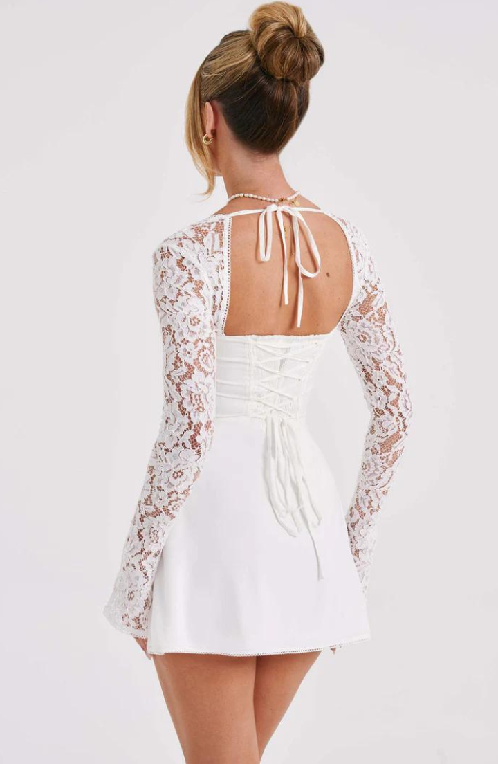 Women's Mini Dress - Underwired Cups - Sheer Lace Long Sleeves - A-Line Silhouette