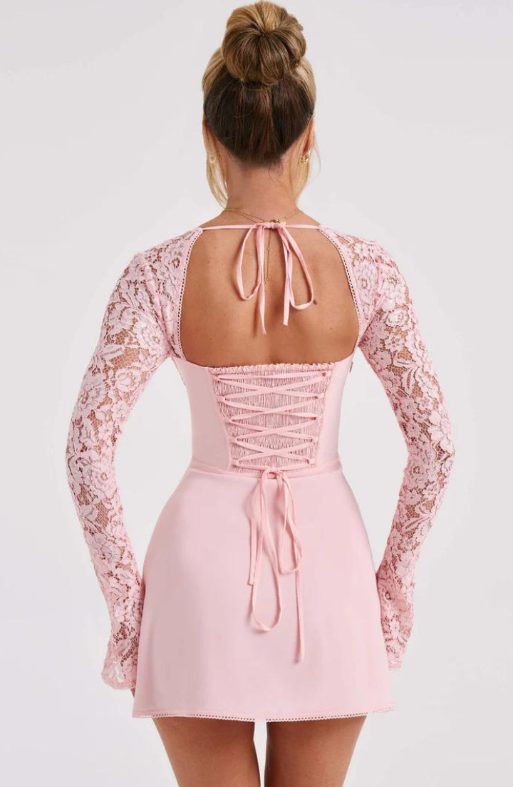 Women's Mini Dress - Underwired Cups - Sheer Lace Long Sleeves - A-Line Silhouette
