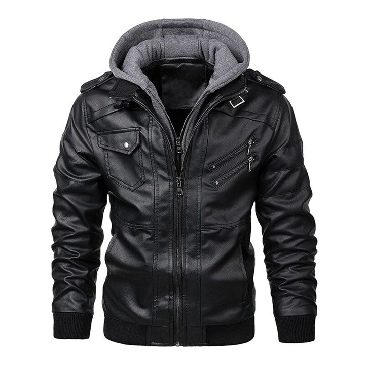 Men’s Leather Jacket – Fitted Silhouette – Hooded – Zip Pockets – Ribbed Trim
