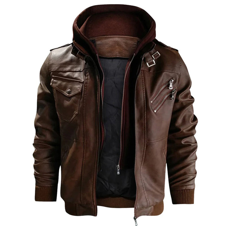 Men’s Leather Jacket – Fitted Silhouette – Hooded – Zip Pockets – Ribbed Trim