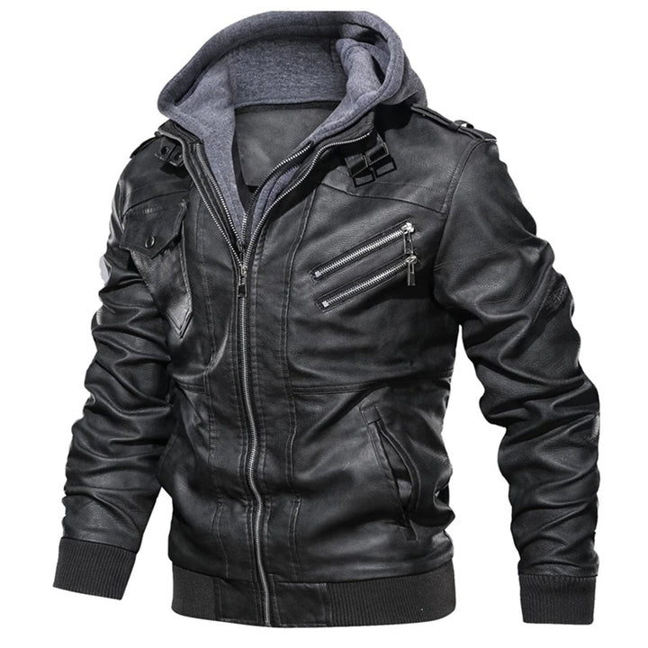 Men’s Leather Jacket – Fitted Silhouette – Hooded – Zip Pockets – Ribbed Trim