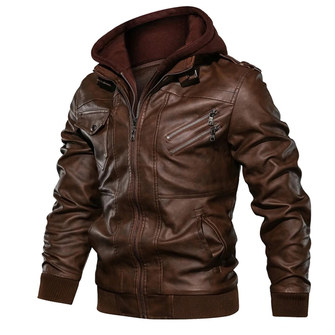 Men’s Leather Jacket – Fitted Silhouette – Hooded – Zip Pockets – Ribbed Trim