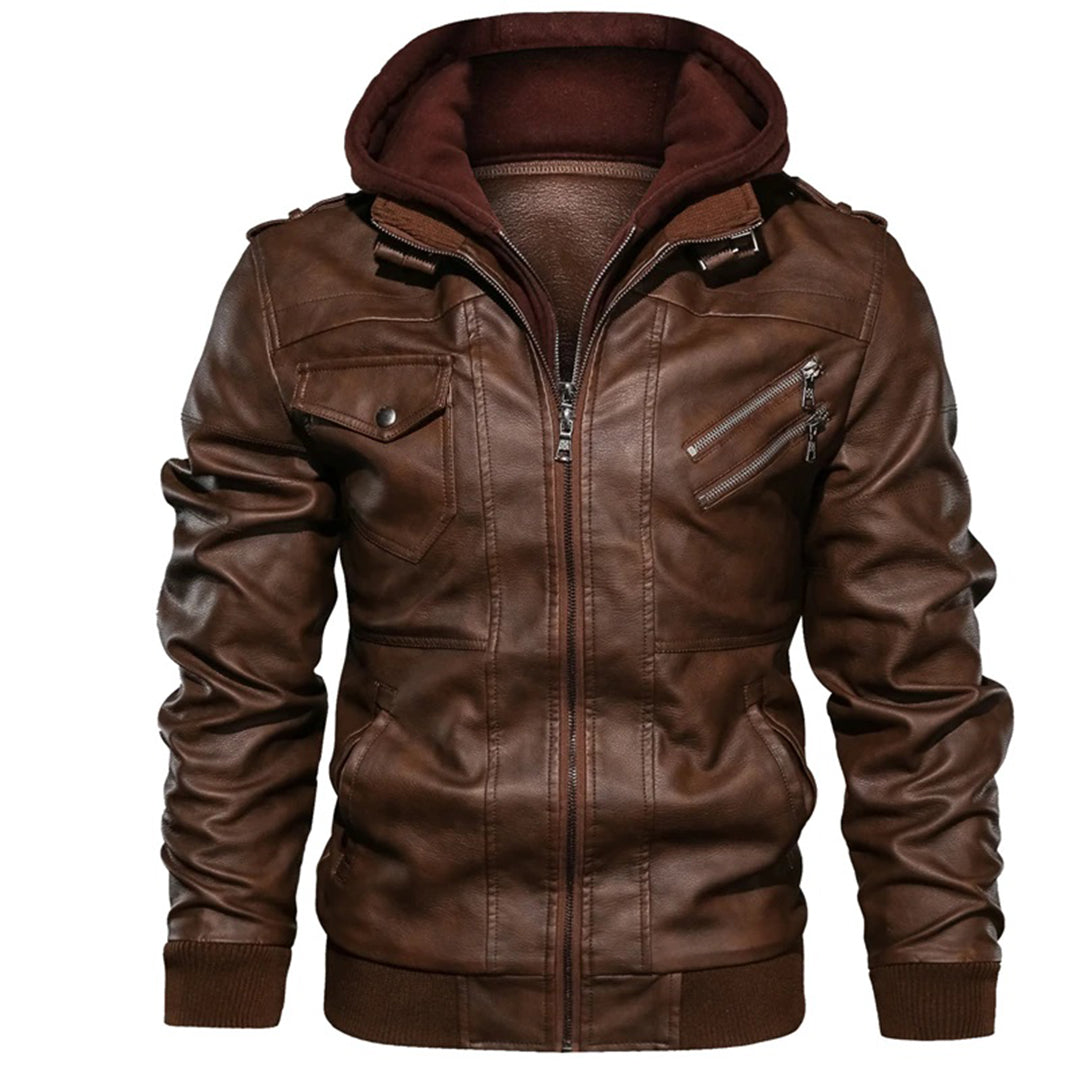 Men’s Leather Jacket – Fitted Silhouette – Hooded – Zip Pockets – Ribbed Trim