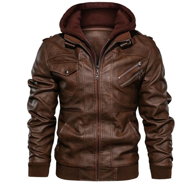 Men’s Leather Jacket – Fitted Silhouette – Hooded – Zip Pockets – Ribbed Trim