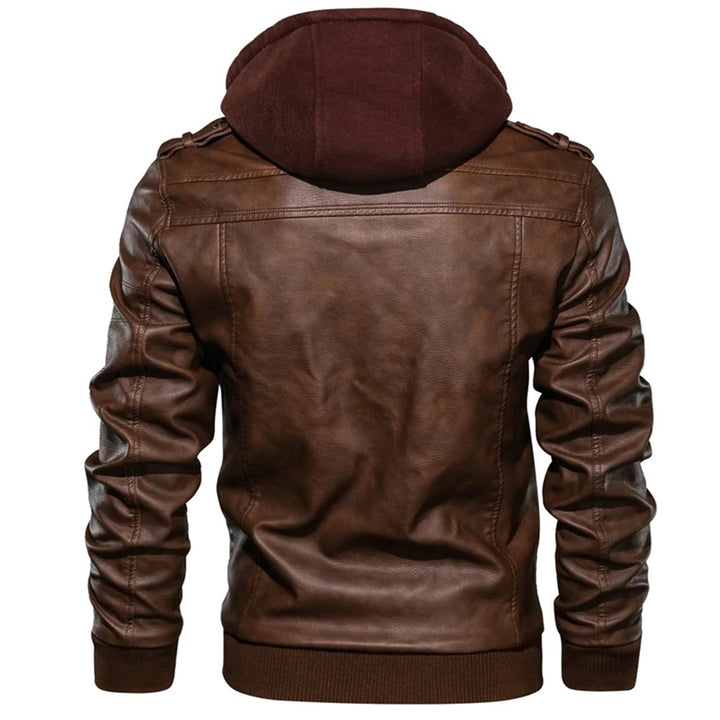 Men’s Leather Jacket – Fitted Silhouette – Hooded – Zip Pockets – Ribbed Trim