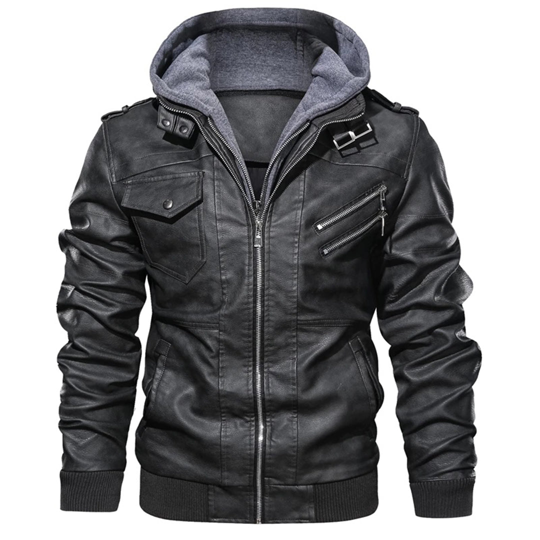 Men’s Leather Jacket – Fitted Silhouette – Hooded – Zip Pockets – Ribbed Trim
