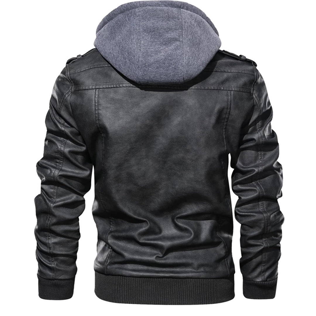 Men’s Leather Jacket – Fitted Silhouette – Hooded – Zip Pockets – Ribbed Trim