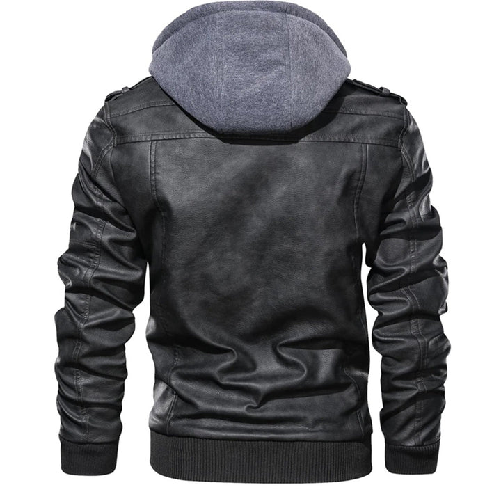Men’s Leather Jacket – Fitted Silhouette – Hooded – Zip Pockets – Ribbed Trim