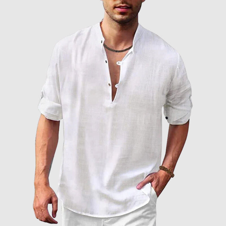 Men’s Henley Shirt - Lightweight Linen Cotton - Relaxed Fit - 3/4 Roll-Up Sleeve