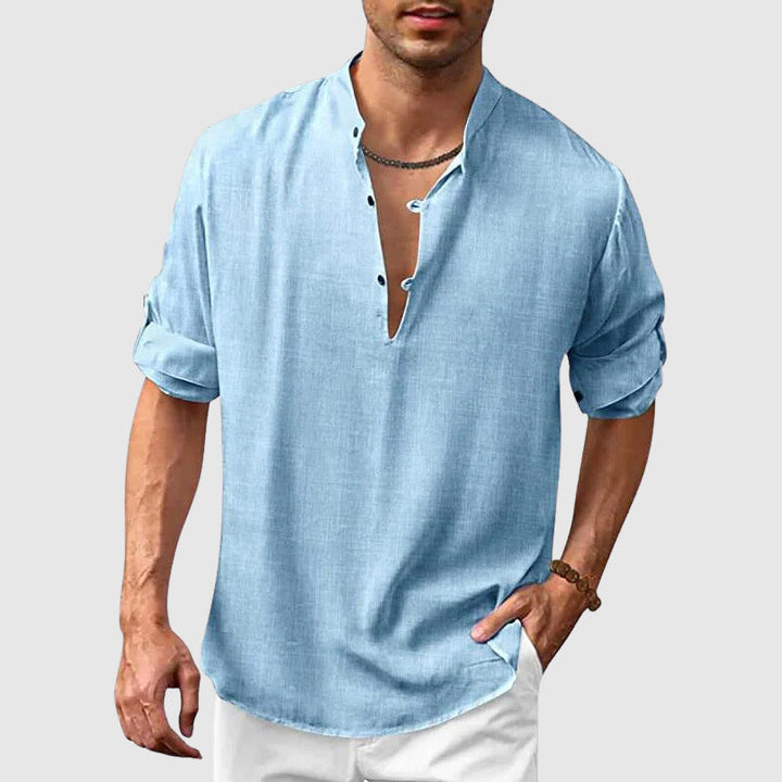 Men’s Henley Shirt - Lightweight Linen Cotton - Relaxed Fit - 3/4 Roll-Up Sleeve