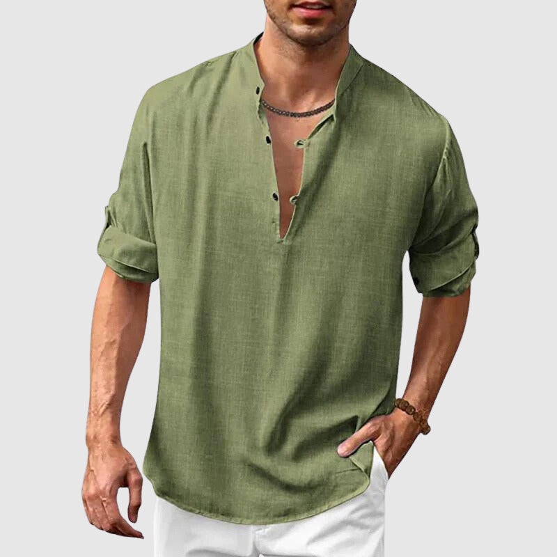 Men’s Henley Shirt - Lightweight Linen Cotton - Relaxed Fit - 3/4 Roll-Up Sleeve