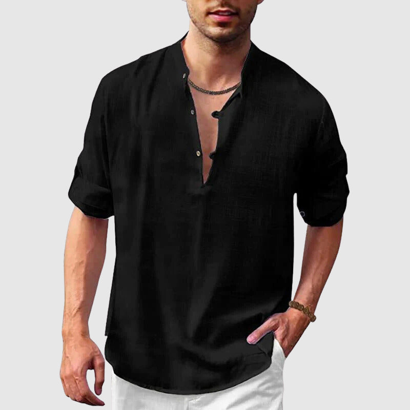 Men’s Henley Shirt - Lightweight Linen Cotton - Relaxed Fit - 3/4 Roll-Up Sleeve