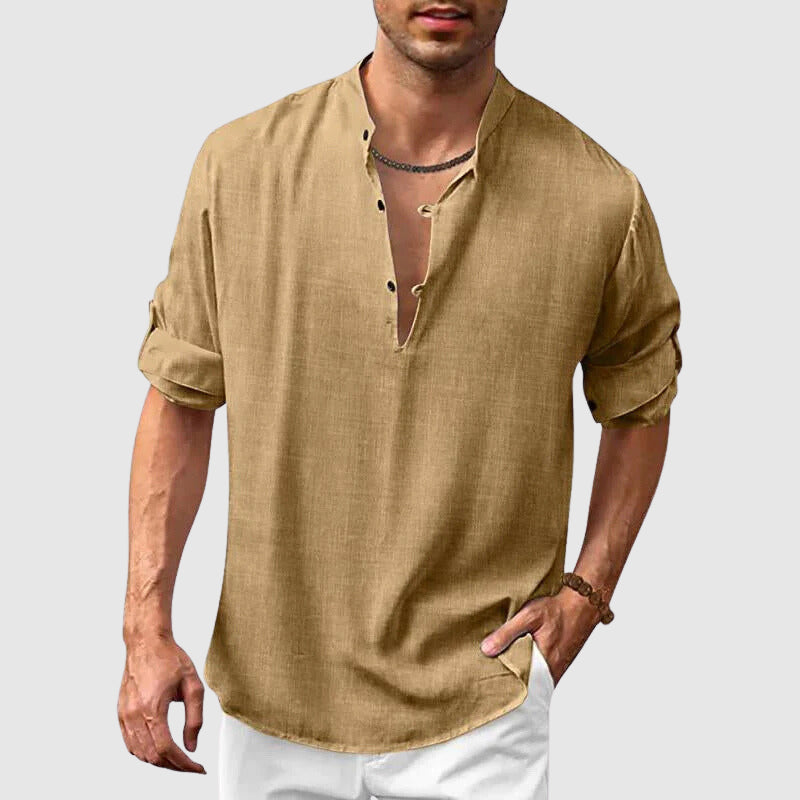Men’s Henley Shirt - Lightweight Linen Cotton - Relaxed Fit - 3/4 Roll-Up Sleeve