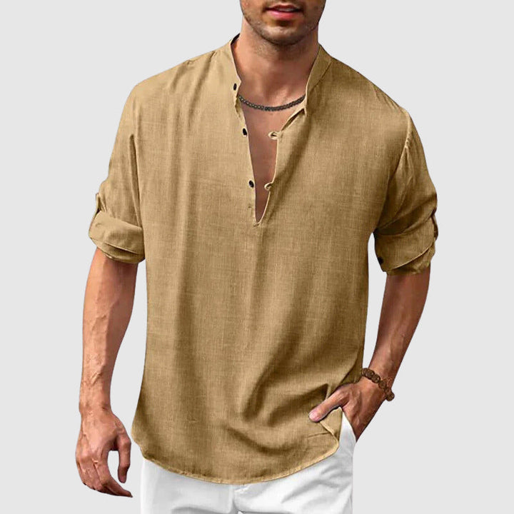 Men’s Henley Shirt - Lightweight Linen Cotton - Relaxed Fit - 3/4 Roll-Up Sleeve