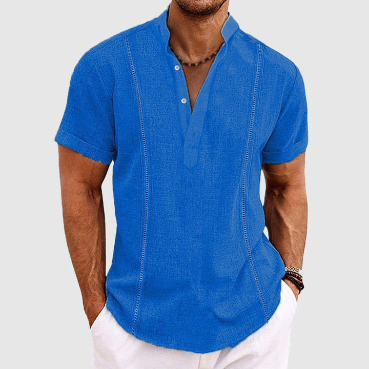 Men’s Casual Blouse – Relaxed Fit – Short Sleeve – Mandarin Collar – Breathable Blend