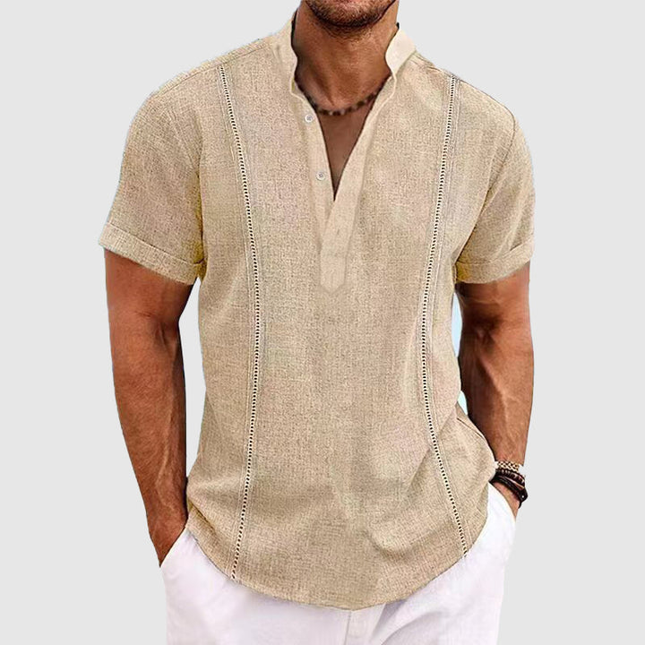 Men’s Casual Blouse – Relaxed Fit – Short Sleeve – Mandarin Collar – Breathable Blend